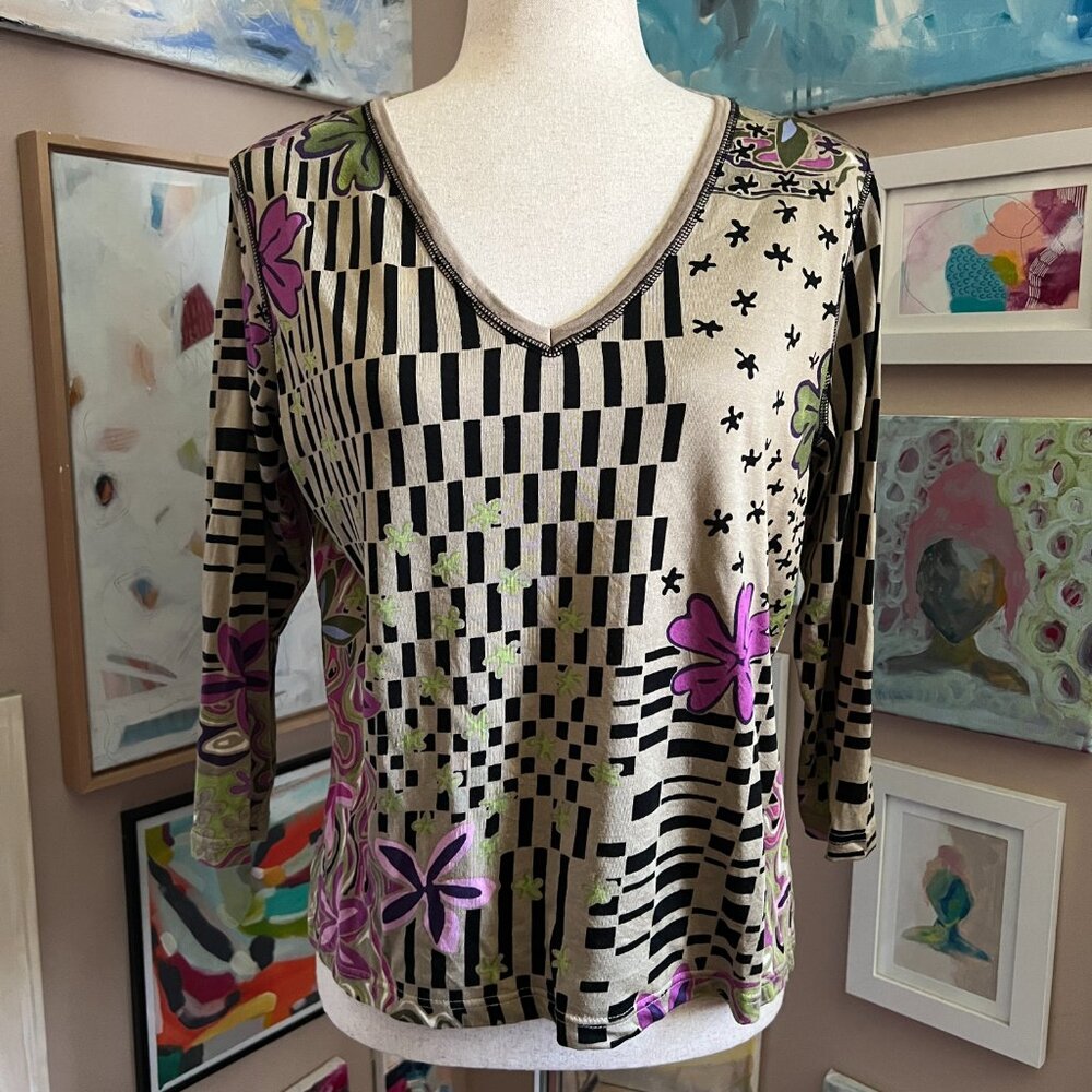 Artistic Floral Lynn Ritchie V-Neck 3/4 Sleeve Top Size L Retro Funk Silk Cotton